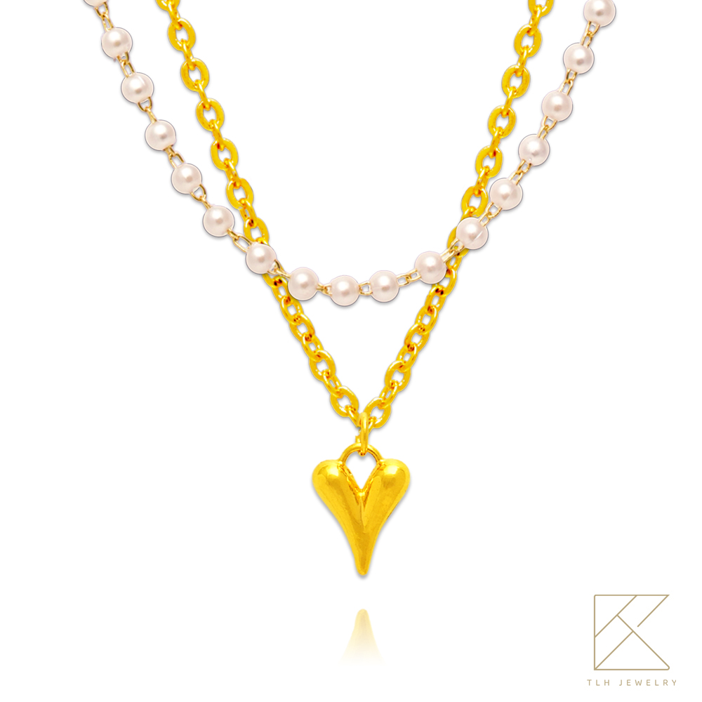 【TLH】珍珠項鍊黃金墜 純金999  月影星耀  復古雙層 約重0.09錢±0.01, , large