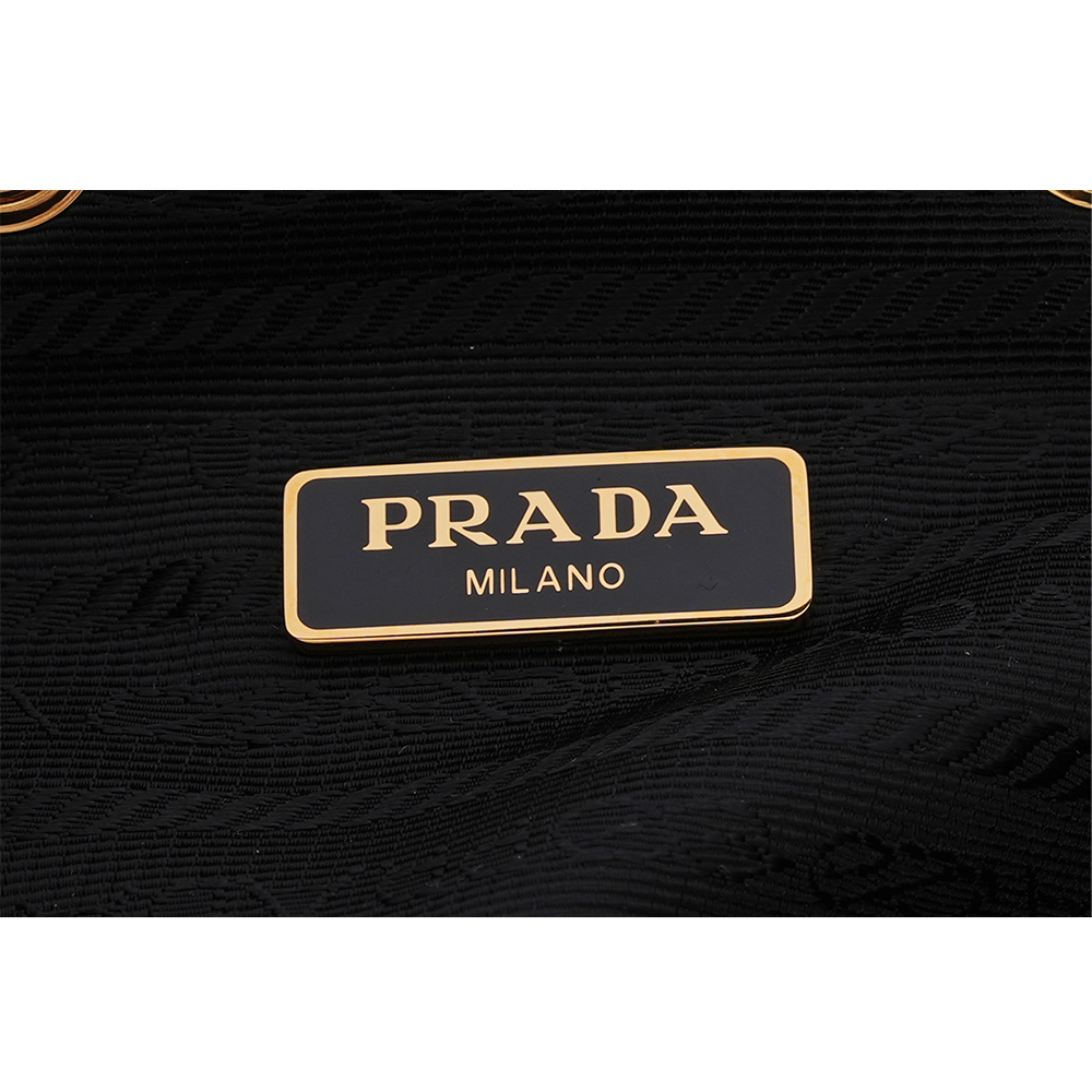 PRADA 刺繡Logo帆布拼皮革飾邊二用水桶包/大款/黑色, , large