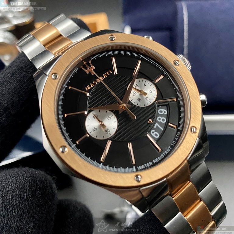 [星晴錶業]MASERATI手錶,46mm,R8873627004黑色錶面玫瑰金錶殼金銀相間精鋼錶帶款