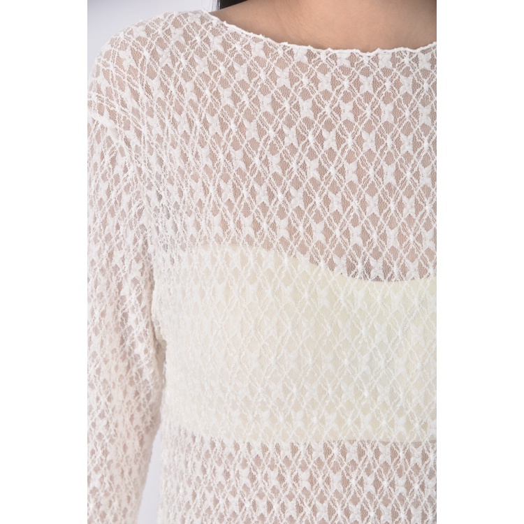 (M) zest質感蕾絲木耳邊圓領白色長袖上衣二手衣, , large