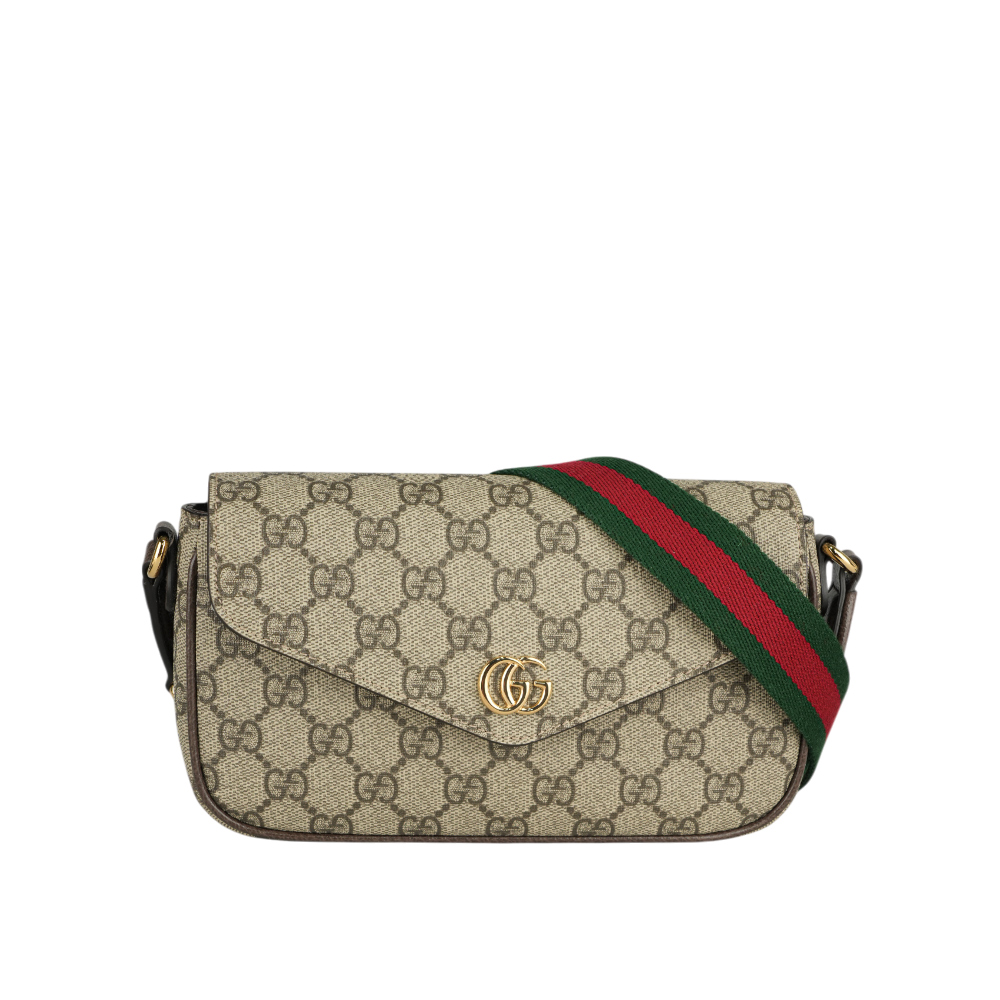 GUCCI Ophidia 塗層帆布及綠紅織帶信封式迷你斜背包/米色/烏木色, , large