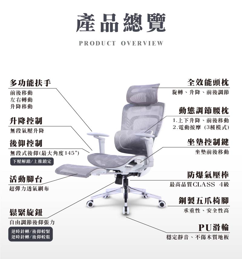 【LOGIS】人體工學電動按摩電腦椅｜145&deg;後仰躺椅｜4D頭枕5D扶手｜透氣網布｜附伸縮腳踏｜辦公椅【16A】, , large