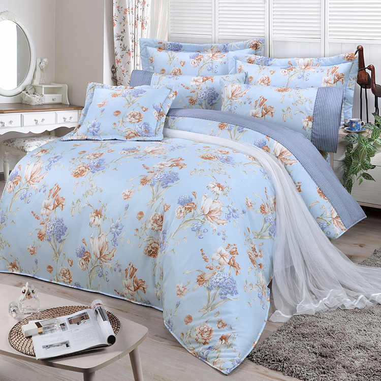 FITNESS 精梳棉雙人四件式兩用被床包組-嫚花沁語-藍, , large