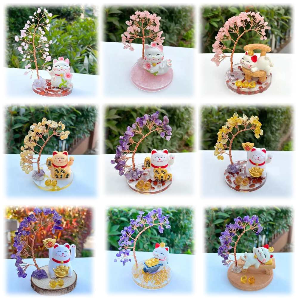 【A&R】開運水晶樹 招財貓款 - 粉水晶貓貓賞花幸福喵, , large