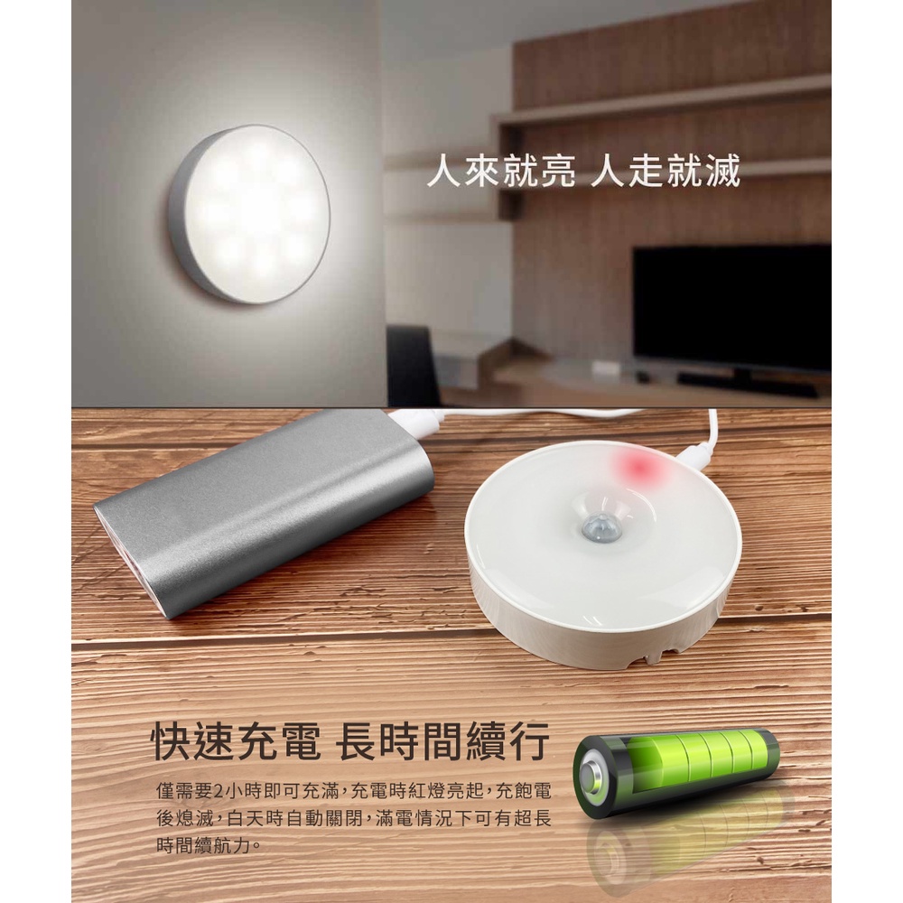 智慧人體感應燈 贈磁吸貼片 DIY簡易安裝 USB充電式 緊急照明, , large