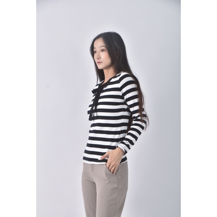 (S) easy zone質感棉質條紋黑色長袖上衣二手衣, , large