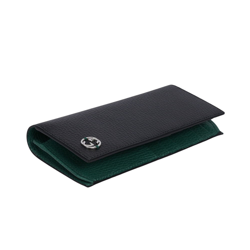 GUCCI 金屬縫線雙G Logo 牛皮雙色二折長夾/黑色/綠色, , large