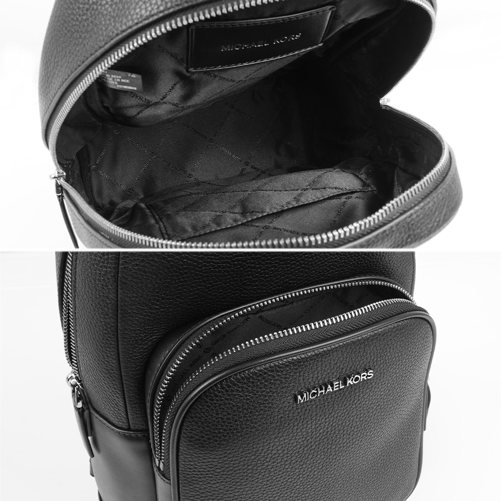 Michael Kors Cooper 銀字荔枝皮革口袋單肩背包(黑色), , large