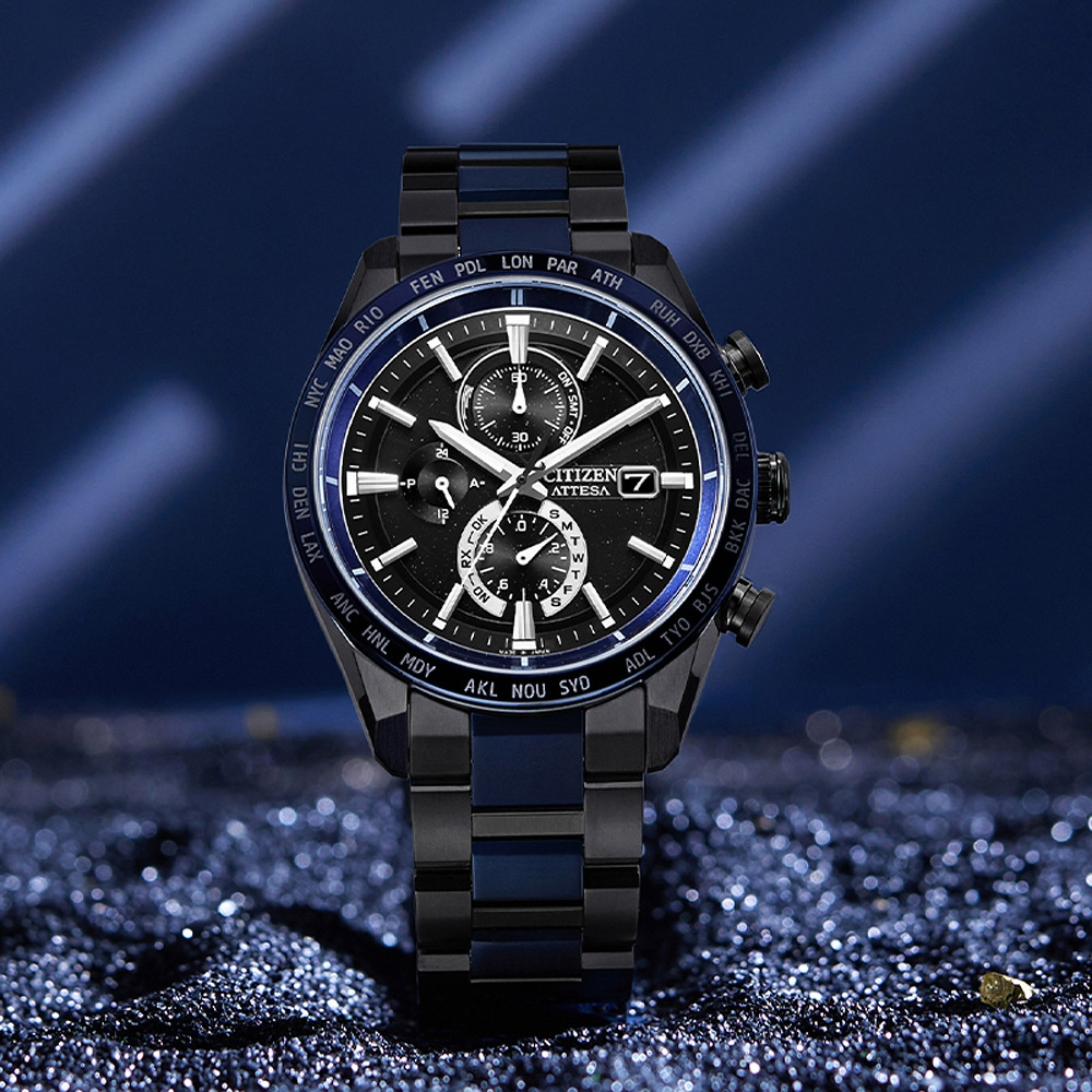 CITIZEN 星辰 湛藍星空 限量 鈦金屬光動能電波萬年曆手錶 AT8187-75E, , large