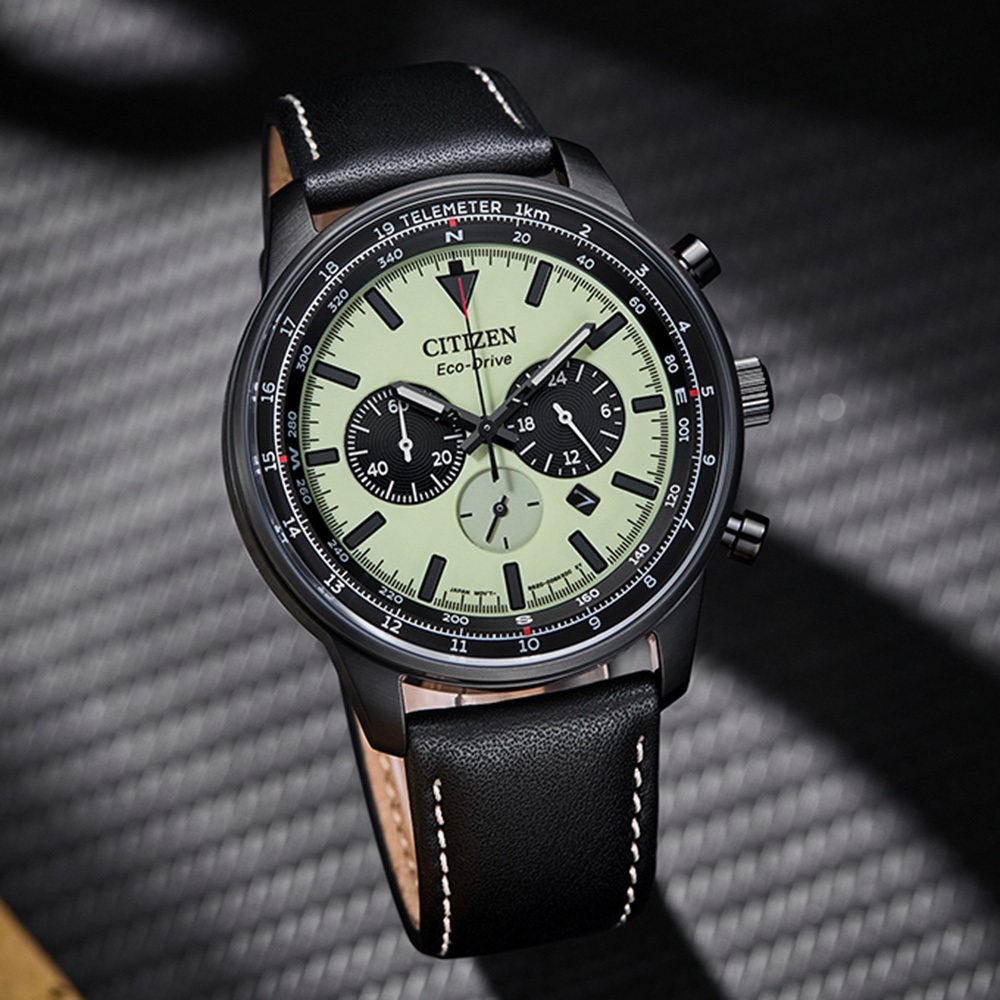 CITIZEN 星辰 綠幽靈夜光光動能三眼計時手錶-黑x藍 CA4505-21X, , large