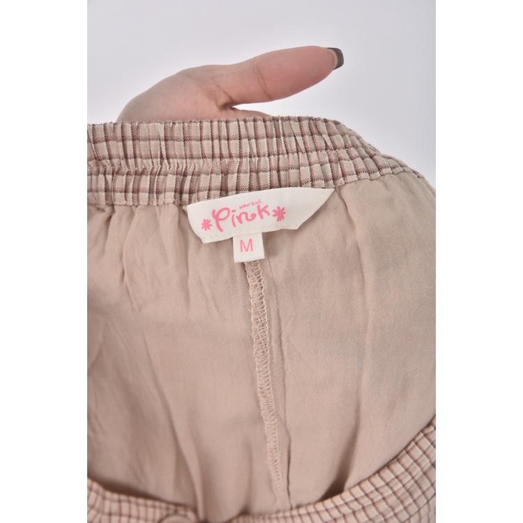 (M) pink格紋拼接棕色長裙二手衣, , large