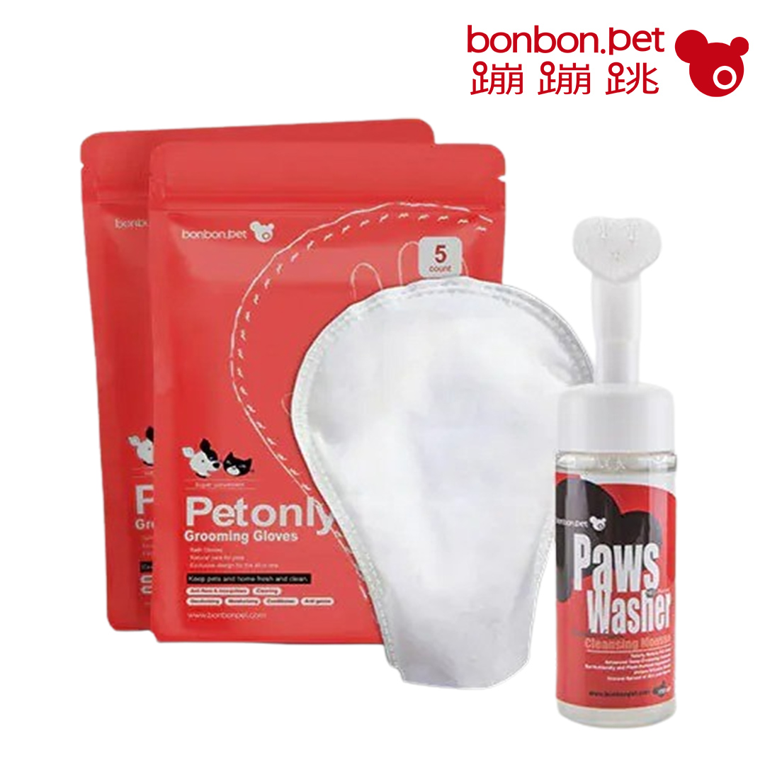 蹦蹦跳 狗用腳掌清潔慕斯150ml+擦澡手套5入/包x2包組, , large