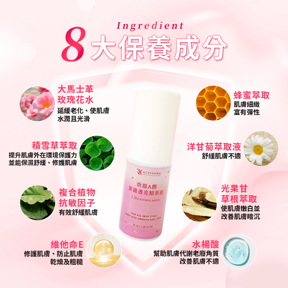 [裕馨]ALYSSANA 煥顏A醇緊緻透亮精華液 30ml(溫和不刺激/抗老保養/補骨脂粉/A醇1.5%), , large
