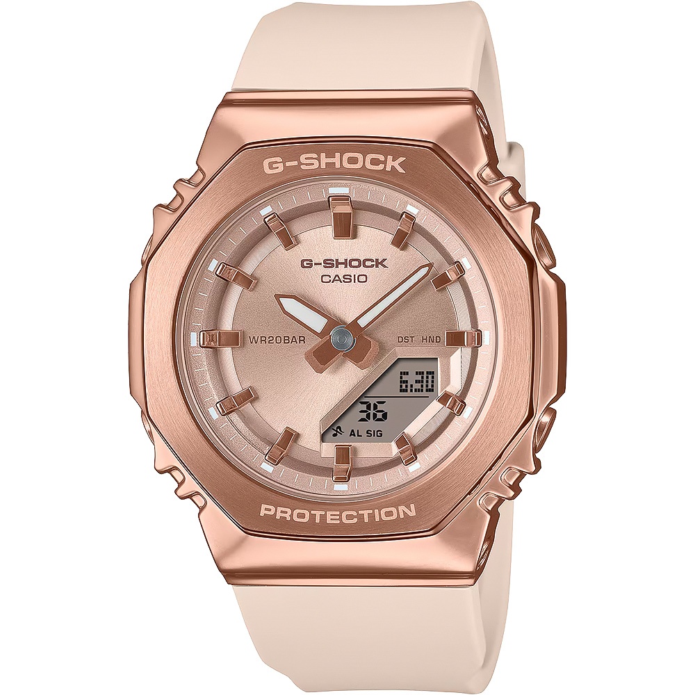 CASIO 卡西歐 G-SHOCK 個性時尚 八角金屬錶殼 雙顯手錶-玫瑰金x米白 GM-S2110PG-4A