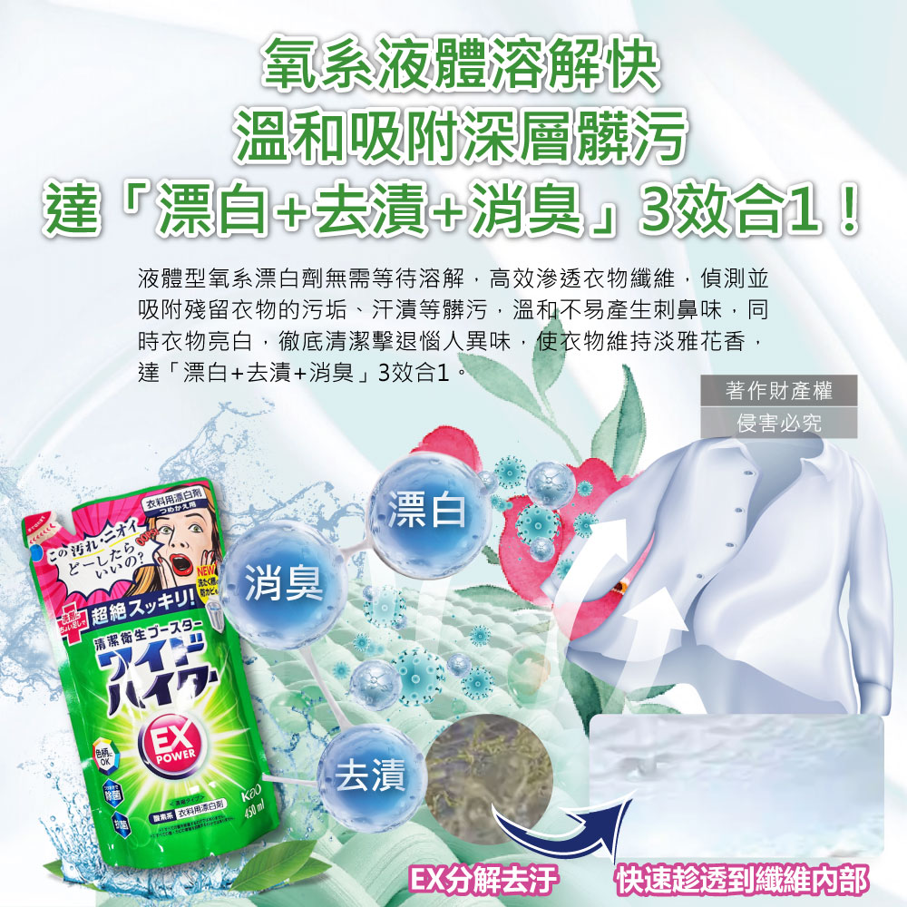 [日日好物]日本KAO花王-EX Power彩色衣物護色去漬氧系濃縮漂白劑補充包450ml/綠袋(印花彩衣白衣適用,洗衣槽防霉,增白去黃衣物彩漂,衣領袖口局部去污), , large