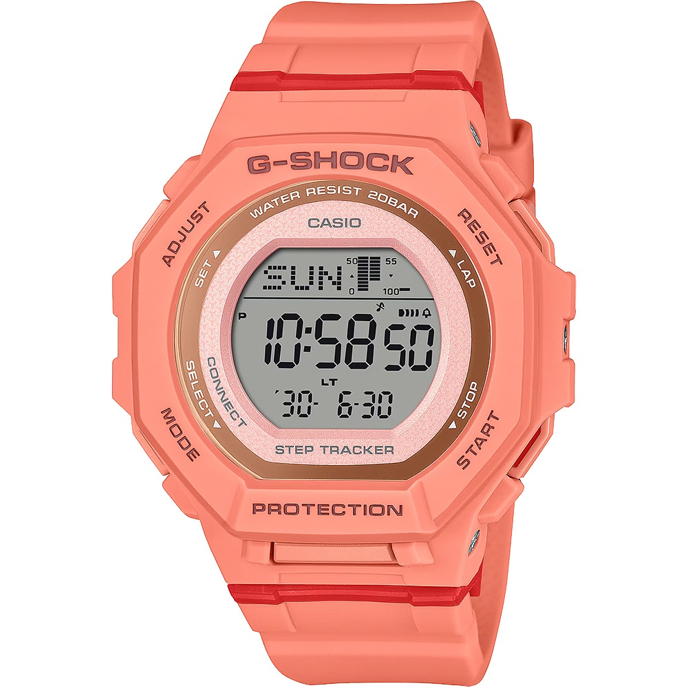 CASIO 卡西歐 G-SHOCK 計步藍芽手錶 清爽色彩女錶-珊瑚橙 GMD-B300SC-4