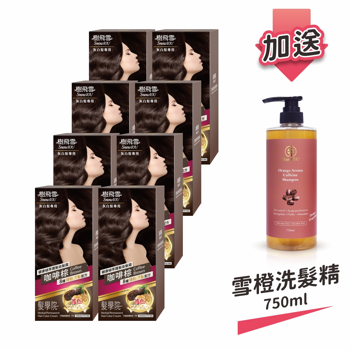 【樹飛雪】8入組 髮學院染髮劑 環保簡易包(灰白髮專用 咖啡棕) 加送 雪橙蓬鬆咖啡因洗髮精750ml (家庭號), , large