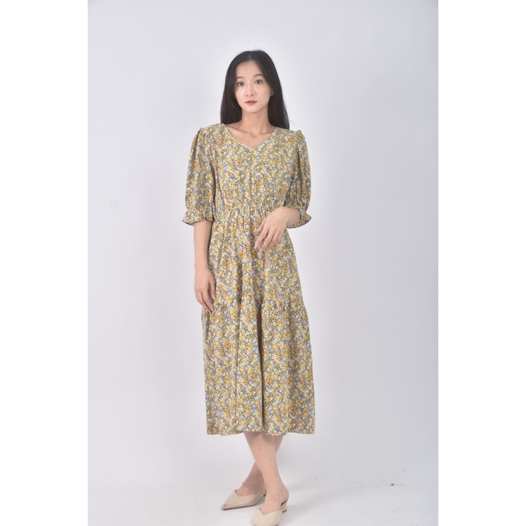 (S) daidizi碎花質感V領黃色洋裝二手衣, , large