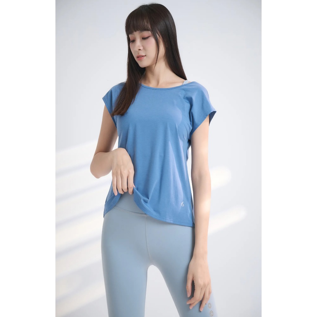 YOGA FLOW Back Tie Tshirt - 短袖美背綁帶開叉兩穿罩衫 - 恆星藍, , large