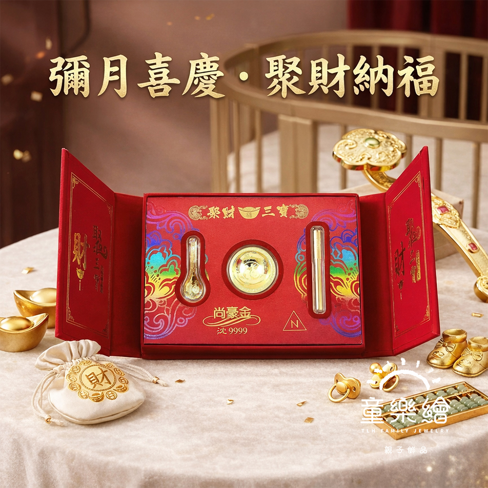【童樂繪金飾】彌月黃金禮盒 聚財三寶 金碗筷勺 約重0.2錢 (999純金 滿月), , large