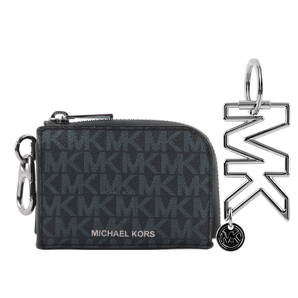 Michael Kors 塗層帆布拉鍊卡夾/零錢包及Logo鑰匙圈禮盒組/海軍藍, , large