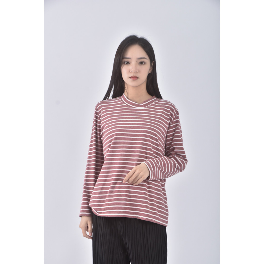 (M) 質感條紋粉色長袖上衣二手衣, , large