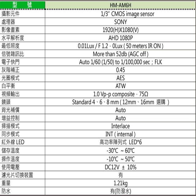 昌運監視器 環名HME HM-AM6H 200萬 40米 6LED AHD 紅外線彩色攝影機, , large