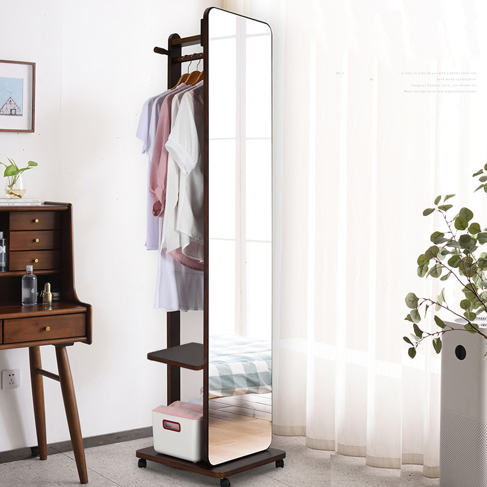 《C&B》思薇安移動式實木衣帽架穿衣鏡-胡桃色