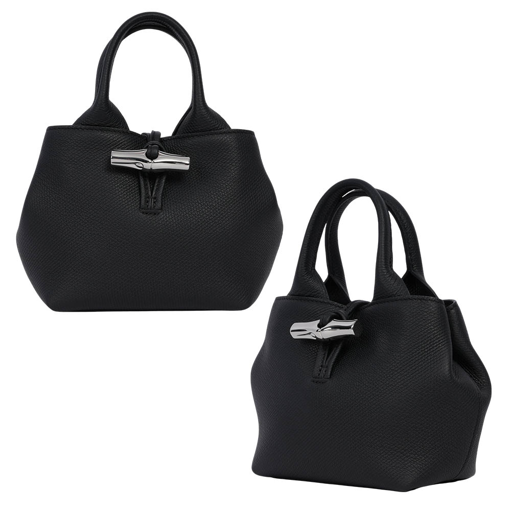 LONGCHAMP Roseau XS 竹節釦牛皮手提/斜背迷你二用包/黑色, , large