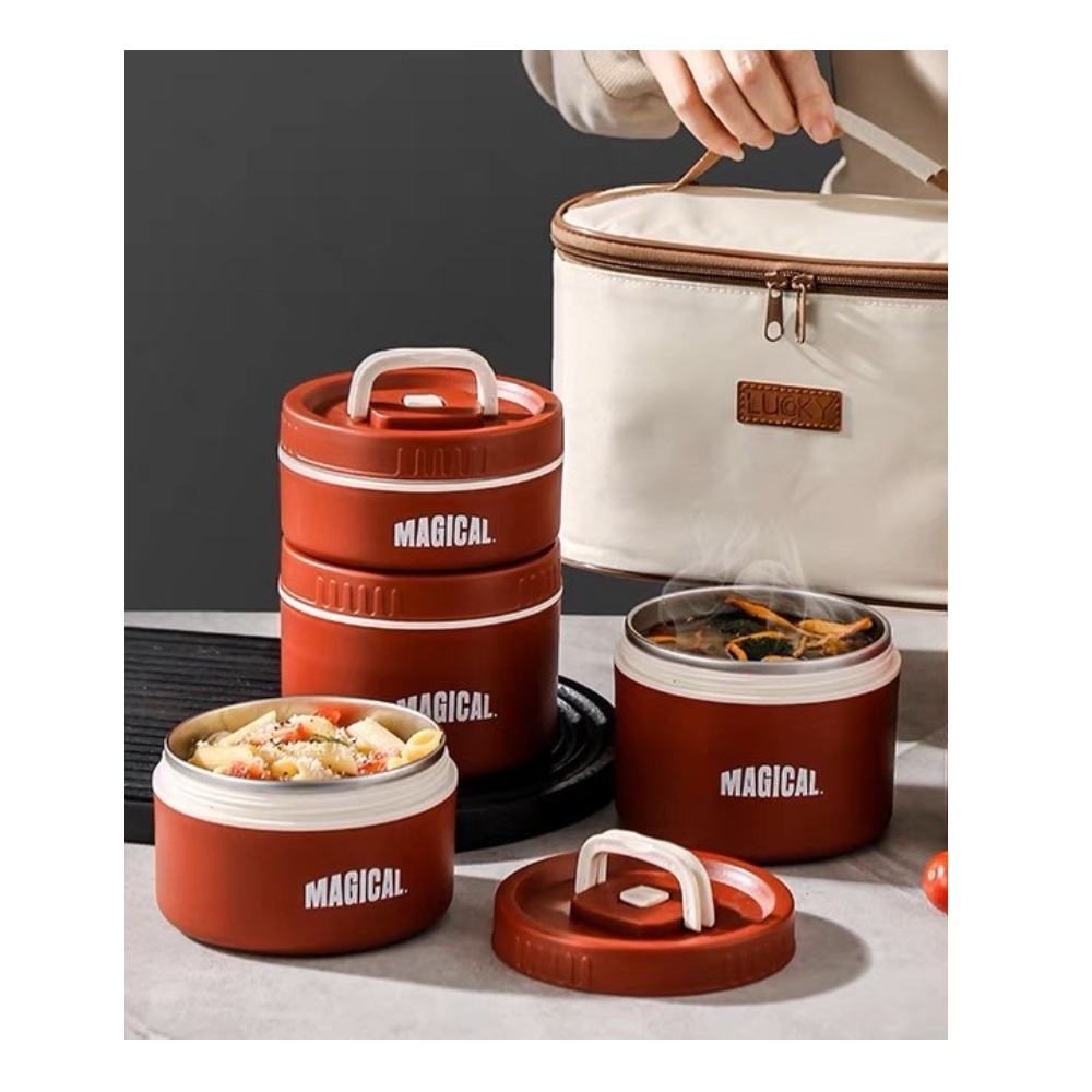 【A&R】四入組 新款日式304不鏽鋼便當盒附保溫袋、餐具套裝 2800ML 保溫款 奶油白, , large