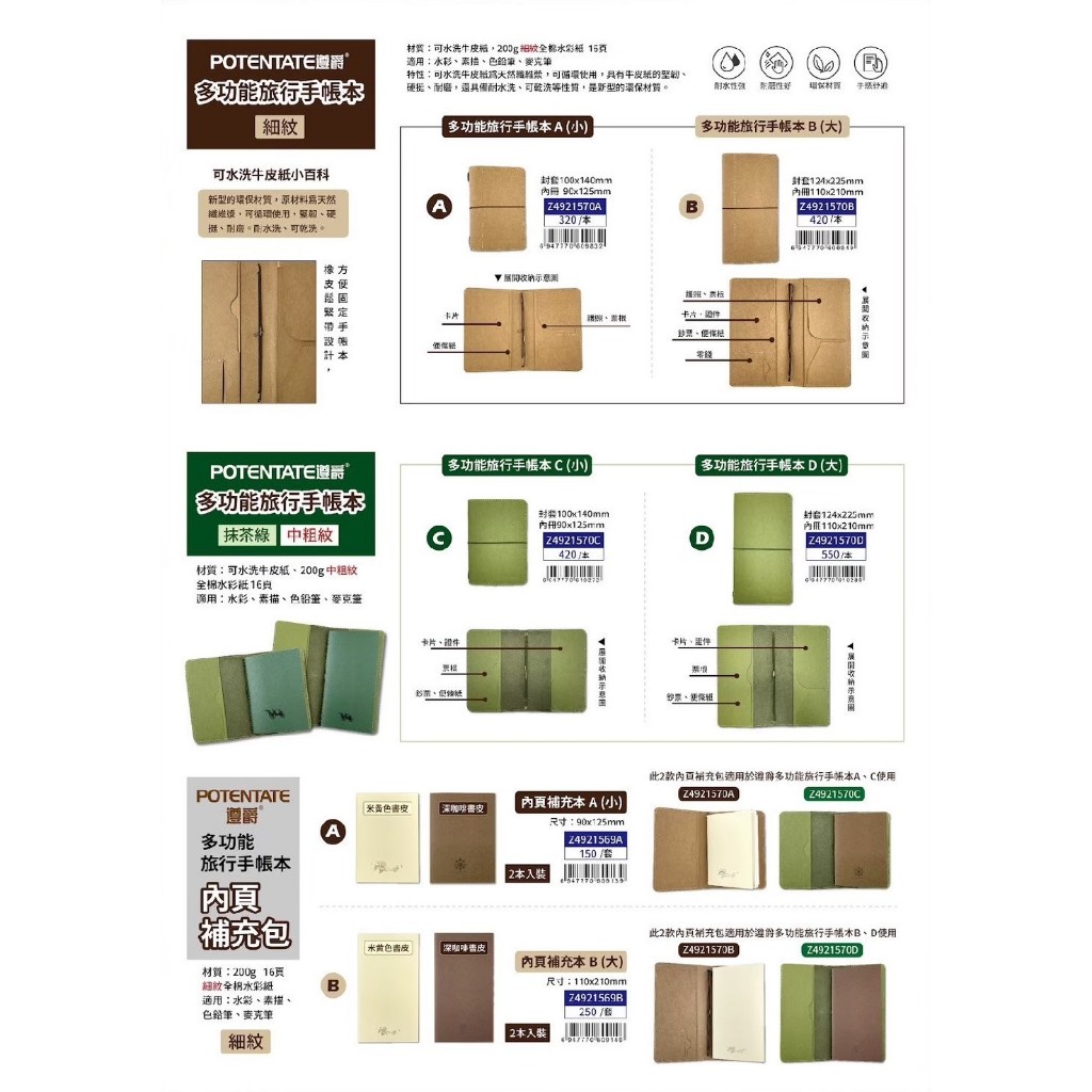 普思AP 遵爵多功能旅行手帳本 細紋/中粗紋/內頁補充包內頁補充(小)-咖啡書皮