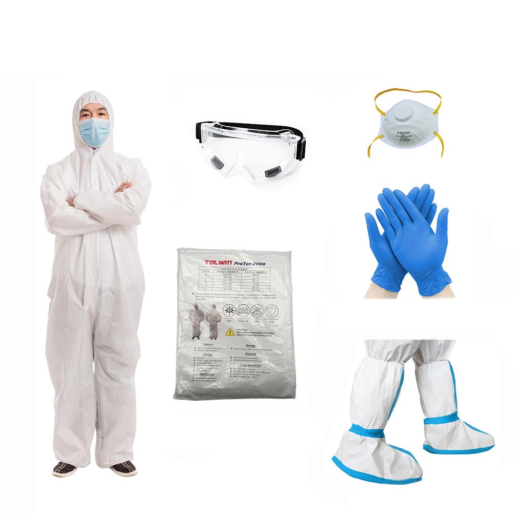 防護衣組合包5件套 (KN95口罩附呼吸閥 隔離衣 護目鏡 NBR手套 長鞋套), , large