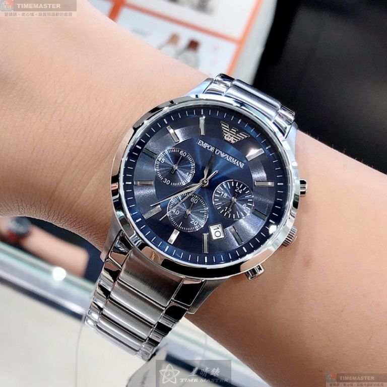 [星晴錶業]ARMANI手錶,44mm,AR00025寶藍色錶面銀錶殼銀色精鋼錶帶款, , large