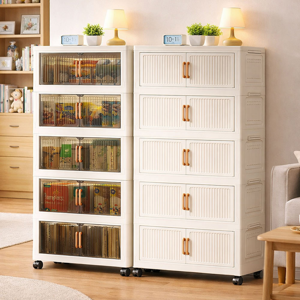 【AOTTO】58面寬五層折疊附輪雙開門收納櫃-奶油款(AC-058W), , large