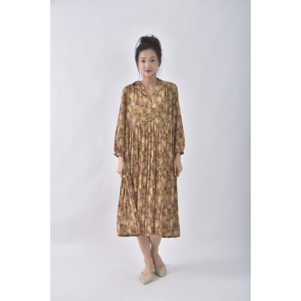 (S) 質感印花棕色洋裝二手衣, , large