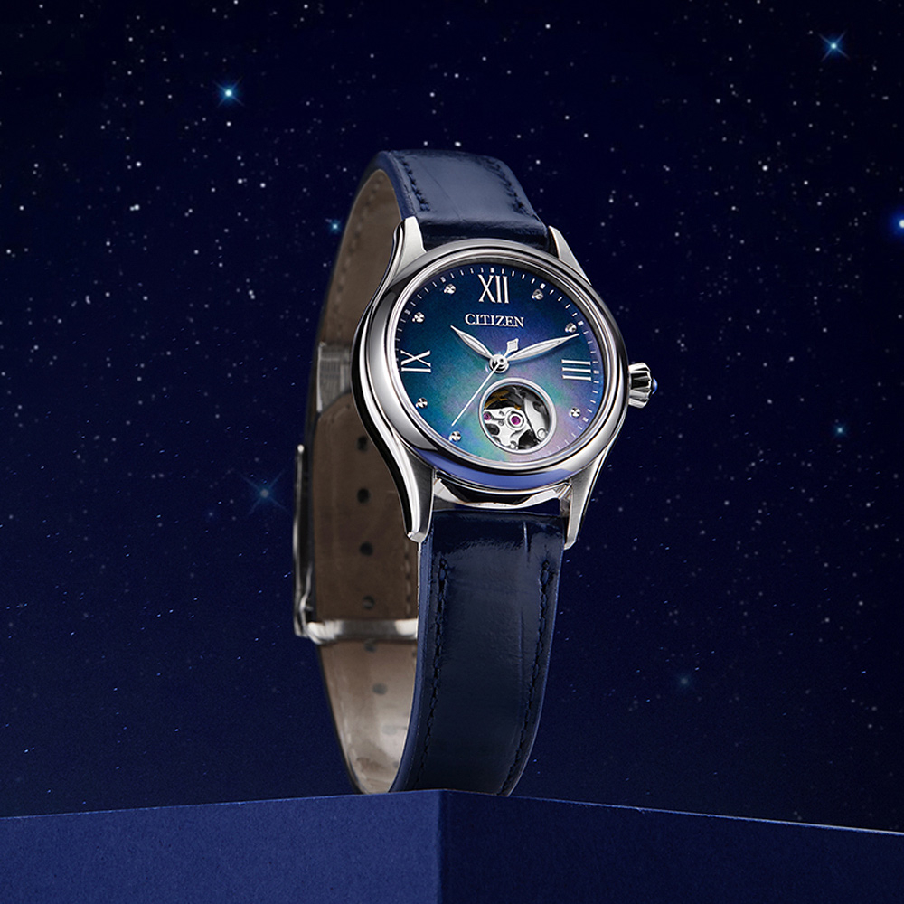 CITIZEN 星辰 小鏤空優雅機械女錶-藍/28.5mm PR1041-18N, , large
