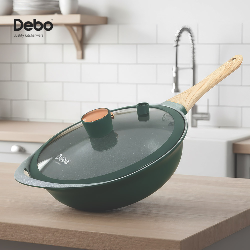 Debo 微壓不沾炒鍋 32cm 壓鑄一體成型 複底不挑鍋 不沾鍋 微壓炒鍋 不沾炒鍋 附蓋炒鍋, , large