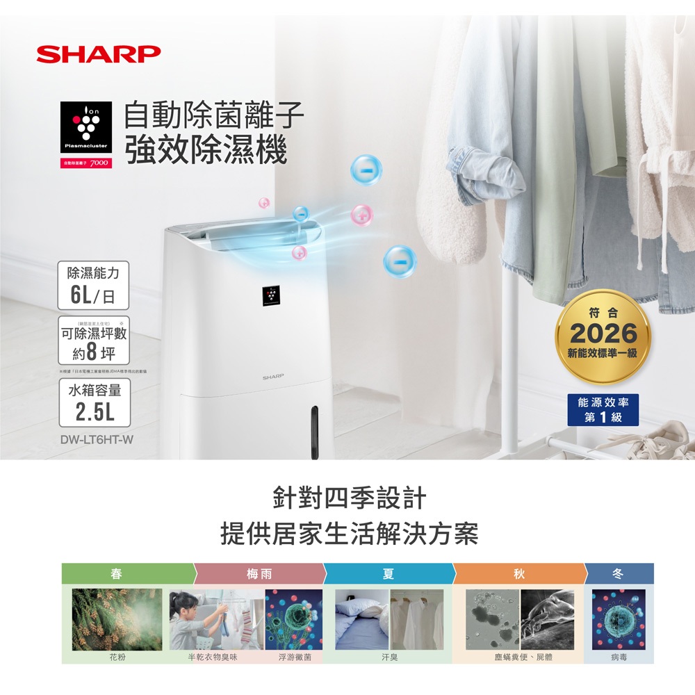 SHARP 8 Pings Grade 1 Energy Saving Auto Sterilization Ion Powerful Dehumidifier DW-LT6HT-W, , large