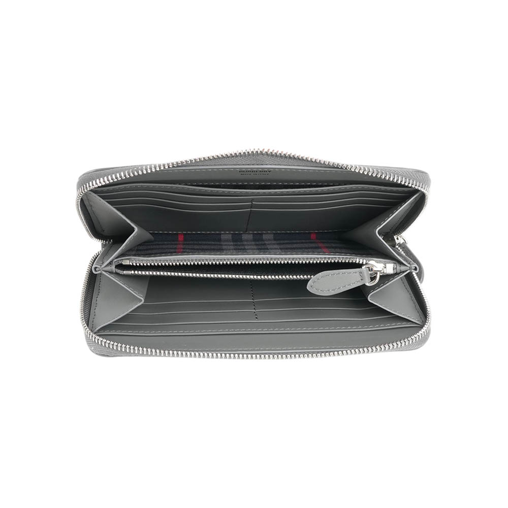 BURBERRY 銀字粒紋牛皮內拼格紋拉鍊長夾(煤灰色), , large