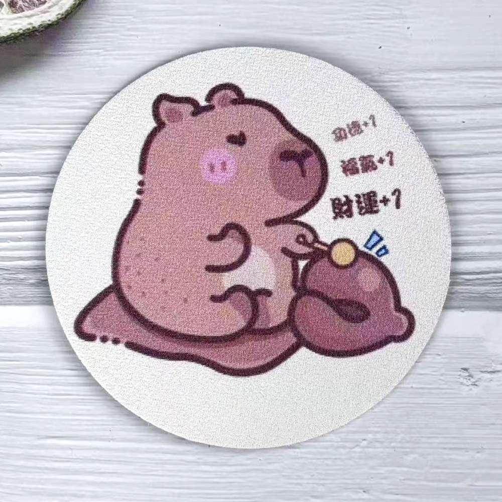 水豚杯墊【敲敲好運來】 科技皮 珪藻土  吸水快乾 方便收納 防滑底部 快速吸水 珪藻土杯墊  水豚, , large