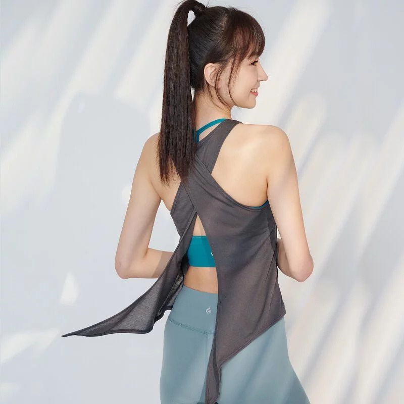 YOGA FLOW Back Twine Shirt - 微透交叉綁結罩衫 - 駝灰 Dark Grey, , large