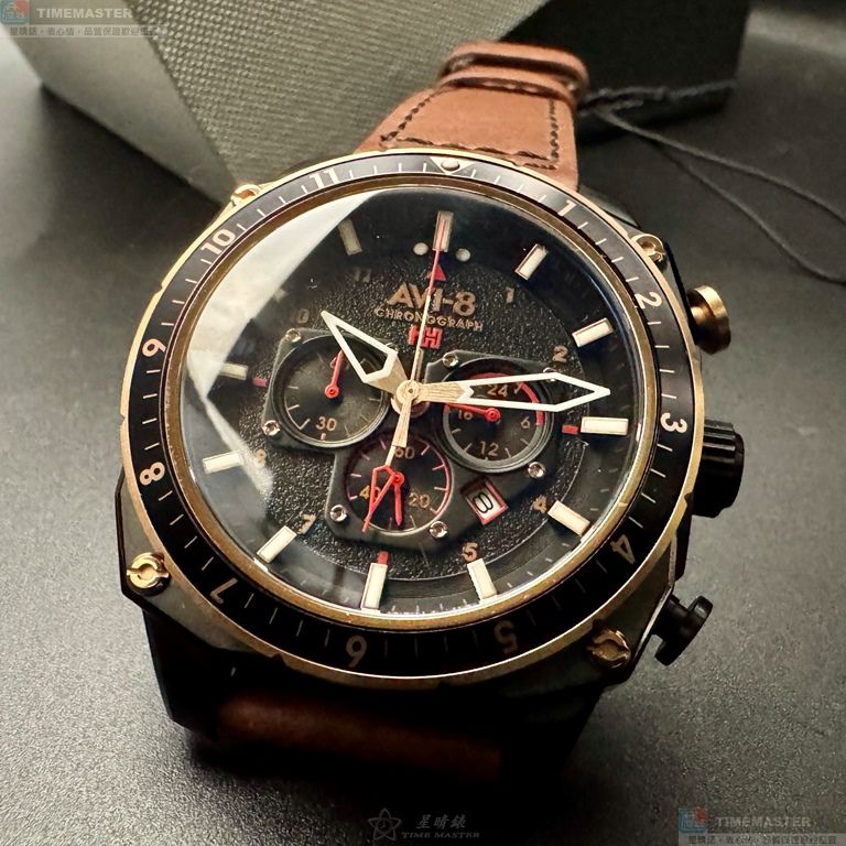 [星晴錶業]新品牌手錶,44mm,AV52667黑色玫瑰金色錶面玫瑰金錶殼咖啡色真皮皮革錶帶款, , large