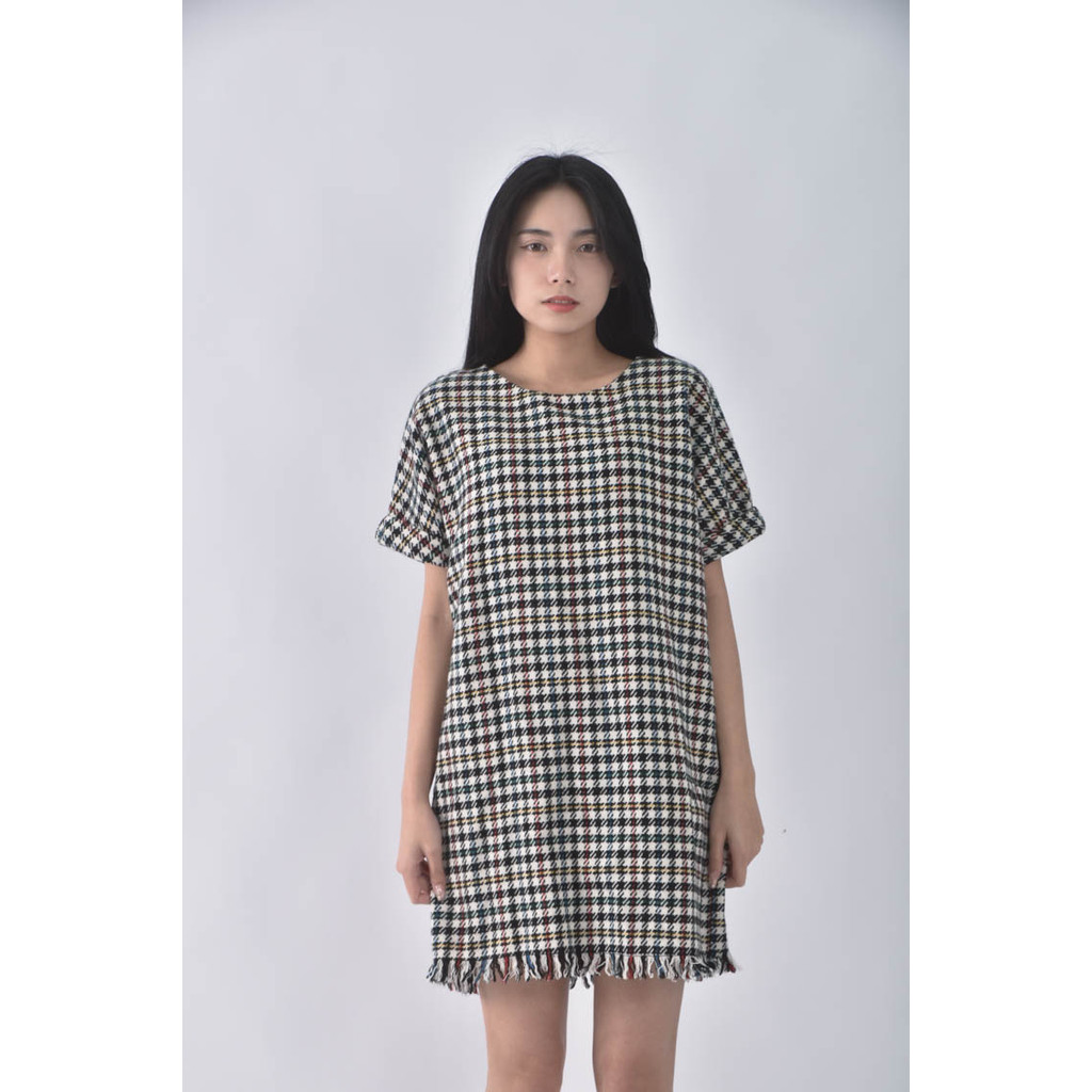 (S) zara格紋寬鬆白色洋裝二手衣, , large