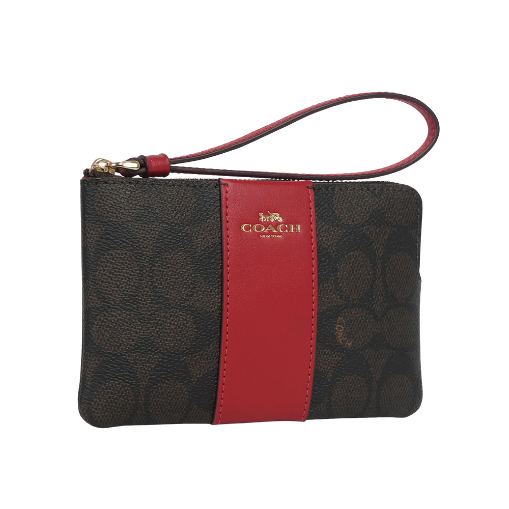 COACH 塗層帆布及皮革L 型拉鍊手拿包/胡桃木棕/紅色, , large