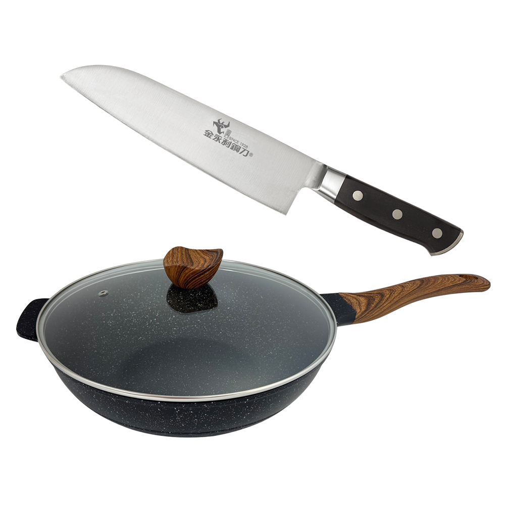 【金永利鋼刀】F8尖鋒三德刀｜全能料理刀+lava cooking 台製32cm七層複合式合金不沾炒鍋