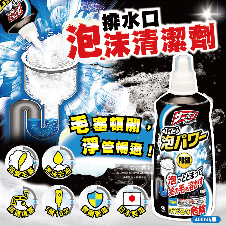 [日日好物]日本小林製藥-超濃密泡泡Sanibon衛浴水管疏通劑400ml/黑瓶(洗手台排水管泡沫清潔疏通劑,排水口防堵塞除臭劑,溶解毛髮除油垢疏通劑), , large