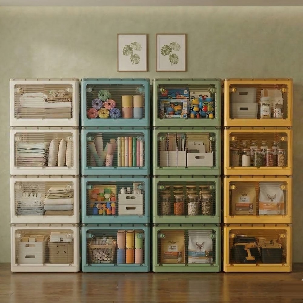 【AOTTO】72L升級加厚款五開門可疊加折疊收納箱-藍色4入(AL-260B), , large