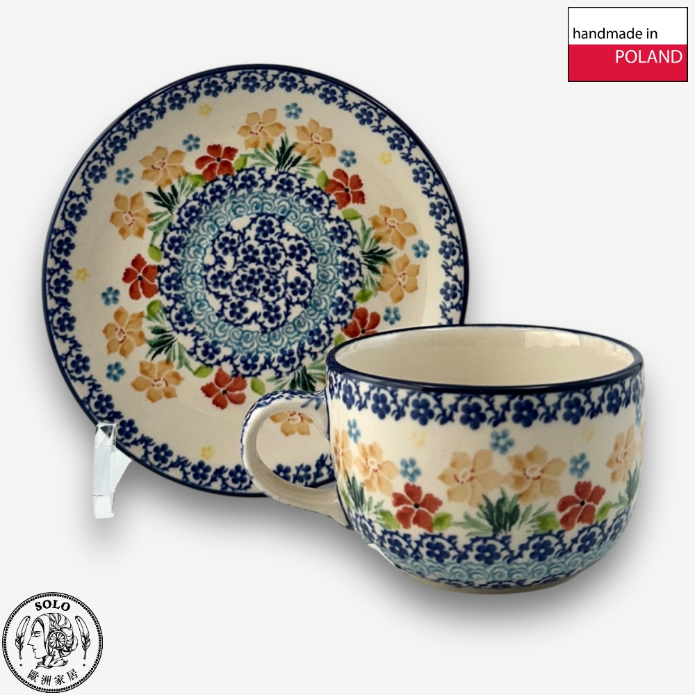 【SOLO Vintage】CA Polish Pottery 200ml Coffee Cup + Saucer Set Spring Blossoms Dance Series Made in Poland, , large