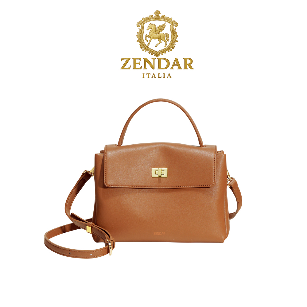【ZENDAR】限量1折 頂級小牛皮肩背包手提包 喬伊系列 全新專櫃展示品(琥珀色), , large