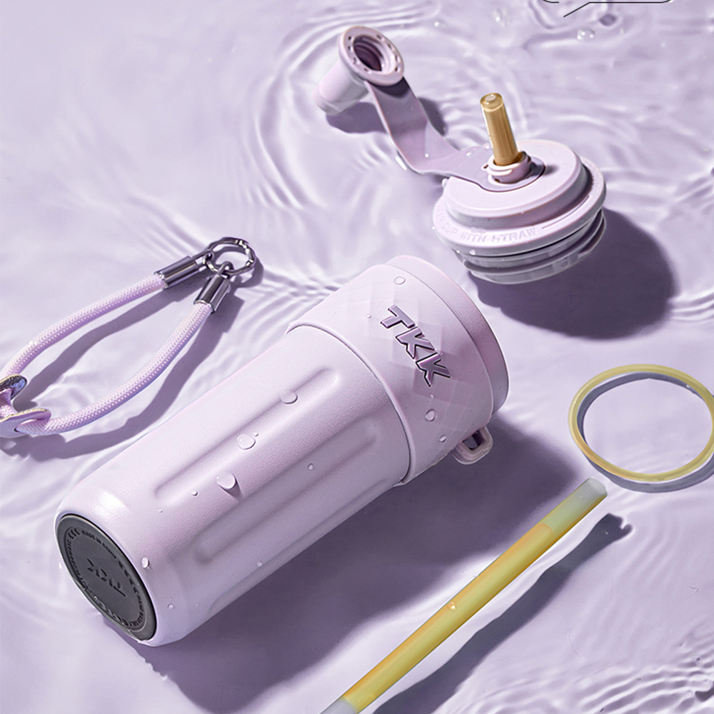【TKK】律動吸管杯 316不鏽鋼x陶瓷噴塗 保溫杯 運動水壺500ML(附手提繩)-風信紫, 風信紫, large